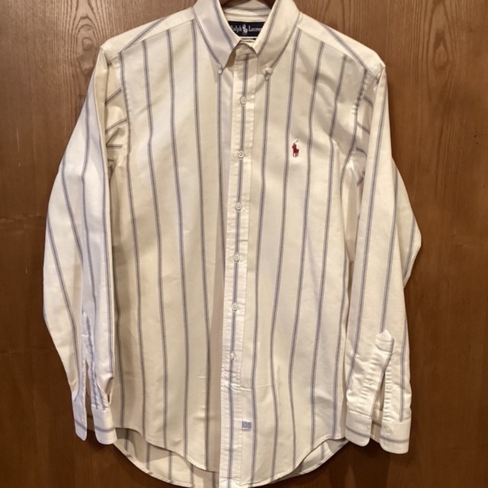 Polo Ralph Lauren Shirt Mens 15.5x34 Button Down Long Sleeve Cream & Blue VTG